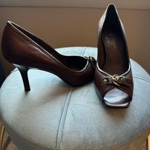 Anne Klein brown leather open toe with buckle heel